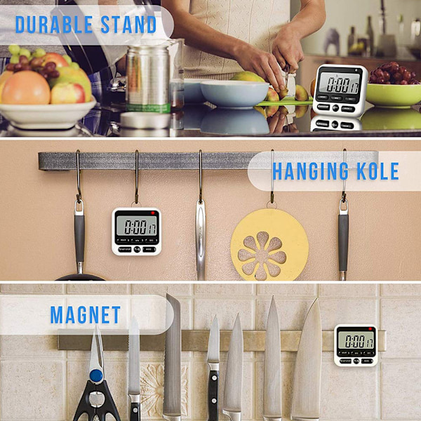 Digitalt køkkenur med alarm, stort LED-display, høj alarm, magnetisk montering og stativ til madlavning Sporr Black White