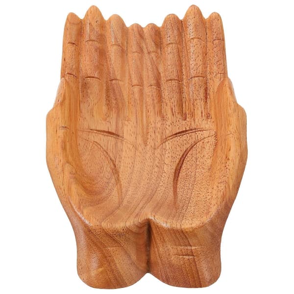 [RM]Brun trä smyckesbricka handformad Buddha displaybricka för smyckesförvaring