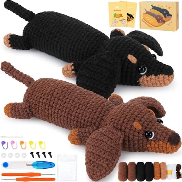 [RM]Crochet Kit for Beginners, Complete Dachshund Crochet Animal Kit with Yarn Hooks Needles, Step-by-Step Video Tutorial