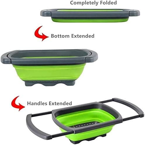 [RM]3,8L Foldable Colander with Extendable Handles, Space-Saving, Quick Draining for Kitchen Work, Suitable for Most Sink Sizes, Green
