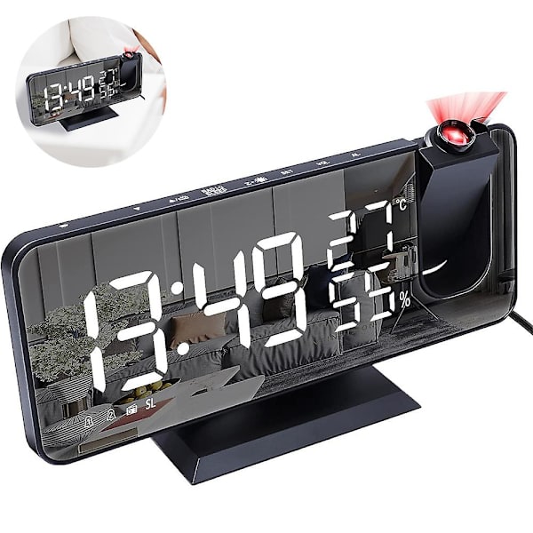 Projektionsväckarklocka för sovrumstak, digital väckarklockradio med USB-laddningsportar, LED-skärmväckarklocka, 4 dimmernivåer, dubbel väckarklocka med 2 Black