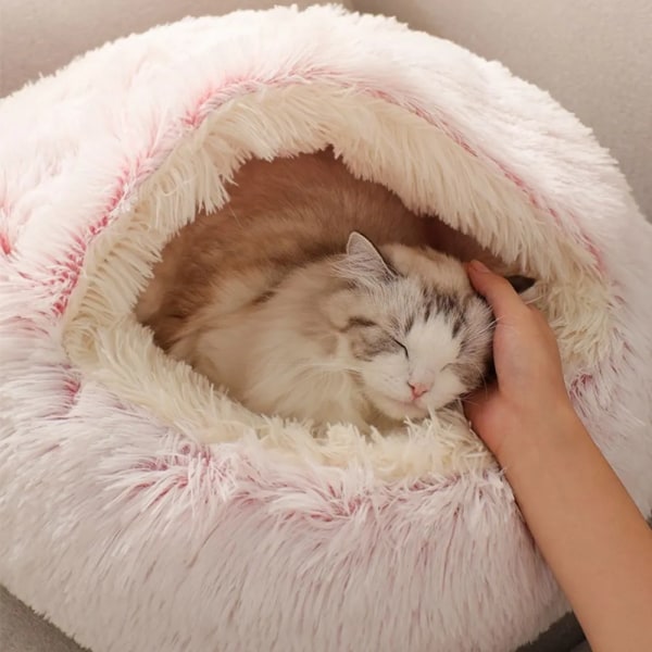 Cat Warm Long Plysch Husdjurssäng Omsluten Rund Bekväm Sleep Nest Kennel för små husdjur Light Gray 50x50cm