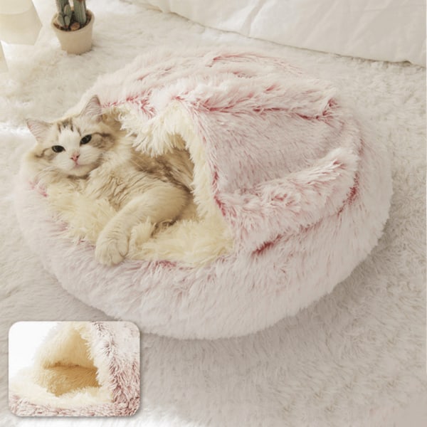 Cat Warm Long Plysch Husdjurssäng Omsluten Rund Bekväm Sleep Nest Kennel för små husdjur Light pink 50x50cm