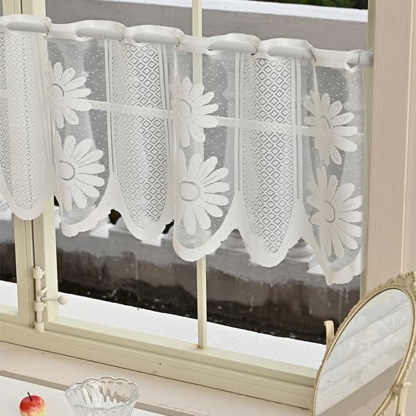 [RM]White Polyester Lace Curtains for Kitchen - 2 Pieces Half Window Curtains with Flowers 120