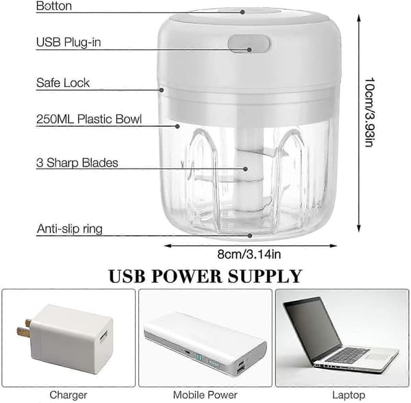 Elektrisk hackare för vitlök, lök, frukt och kött, multihackare med USB-laddning, 250 ml, vit