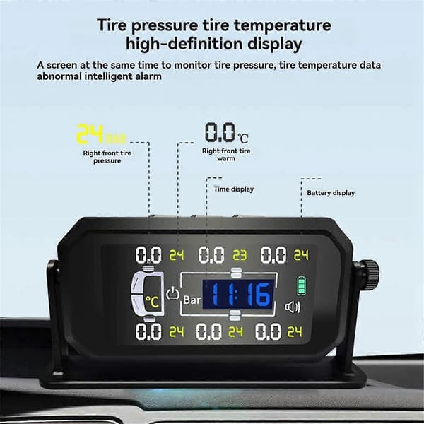 Bil Bobil Lastebil TPMS 6 Hjul Sensor Solcelle Dekktrykkovervåkingssystem Temperatur Klokke Lufttrykk
