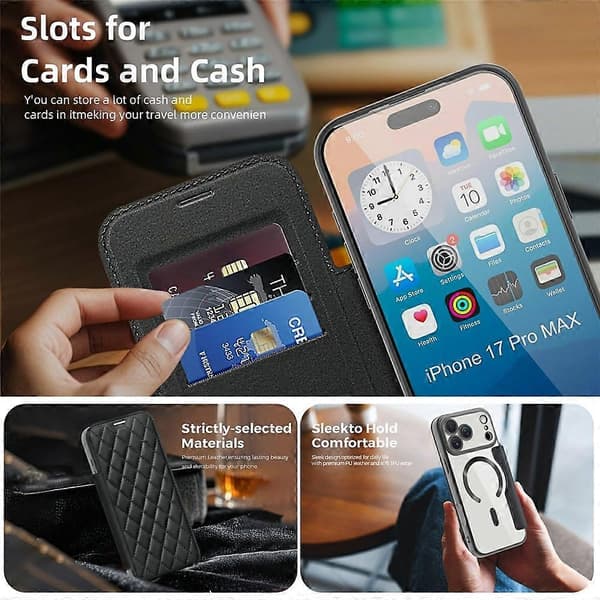Kompatibelt deksel for iPhone 17 Pro Max, kompatibelt med MagSafe, rombemønstret PU-skinn Black
