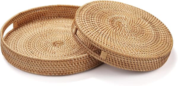 [RM]25*25*4cm Rattan Serving Tray with Handles Round Woven Decorative Tray for Coffee Table Ottoman