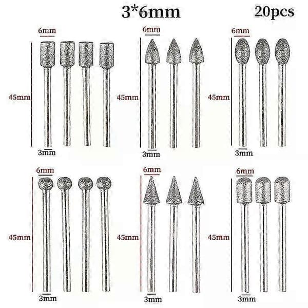 20-delt Dremel-tilbehør Diamantslibehoveder Mini-boremaskine Grate-bit-sæt til Dremel-roterende værktøj Slibetilbehør 3 mm skaft