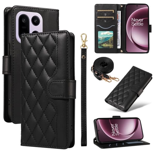 OnePlus 15 5G Wallet Case Rhombus Faux Leather Svart 112
