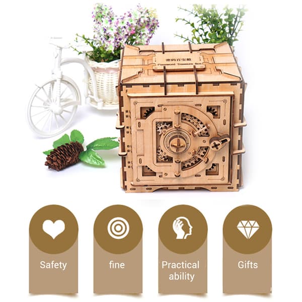 [RM]Advanced Security Mechanism, DIY Wooden Safe with Working Combination Lock, 3D Mechanical Model Building Kit for Adults, Challenging Brain Teaser with