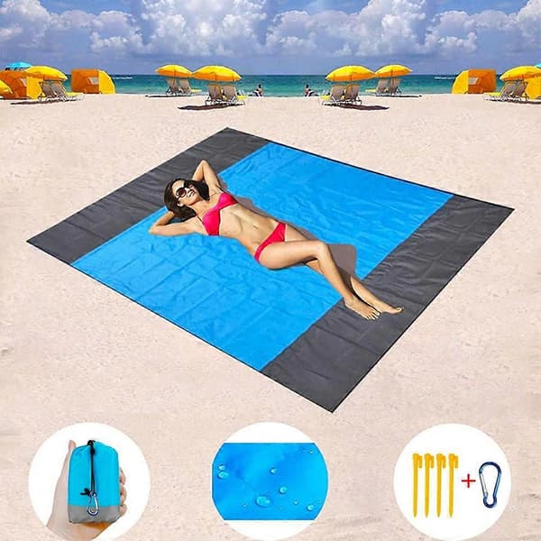 Med 4 kroge (blå, 200 cm x 210 cm) Ternet strandtæppe, ekstra stort, vand- og sandafvisende, maskinvaskbart nylon.