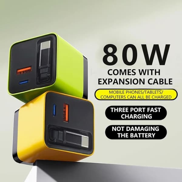 [RM]3-in-1 Charger 80W Fast Charging Adapter With Retractable USB C Cable PD80W Black Black US