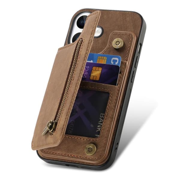 [RM]iPhone 17 Retro Læder Lynlås Cover Brun