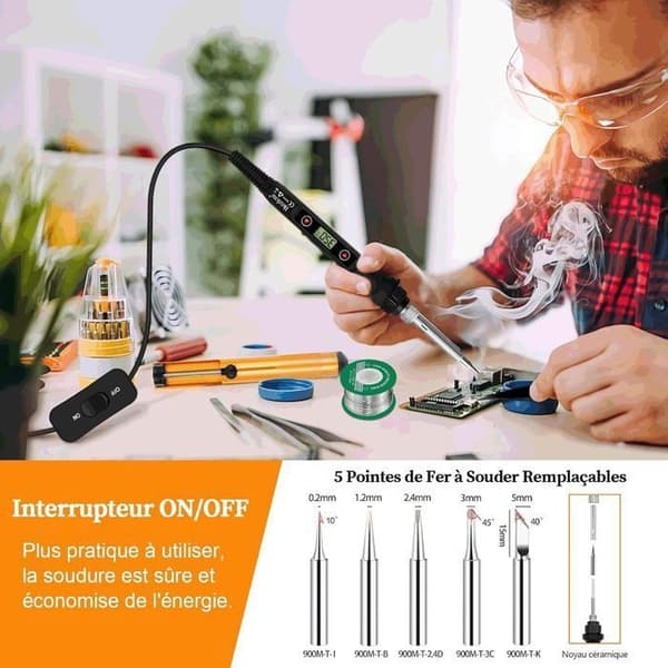 [RM] Soldering Iron Kit 80W Adjustable Temperature Welding Kit 180-520°C, 5 Solder Tips - Solder Wire, Tweezers