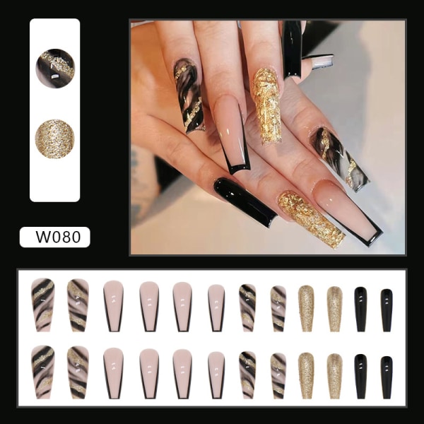 Manikyr med pansar, glänsande svart guld, atmosfärisk lång nagelplåster, speciell nagelbit