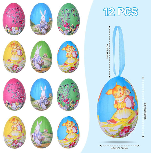 12 st Påskägg, Vintage Pappersmaché Ägg Hängande Ornament, Påskträd Dekorationer Med Band, Påskpyssel För Barn DIY Heminredning, Färgglada Påsk