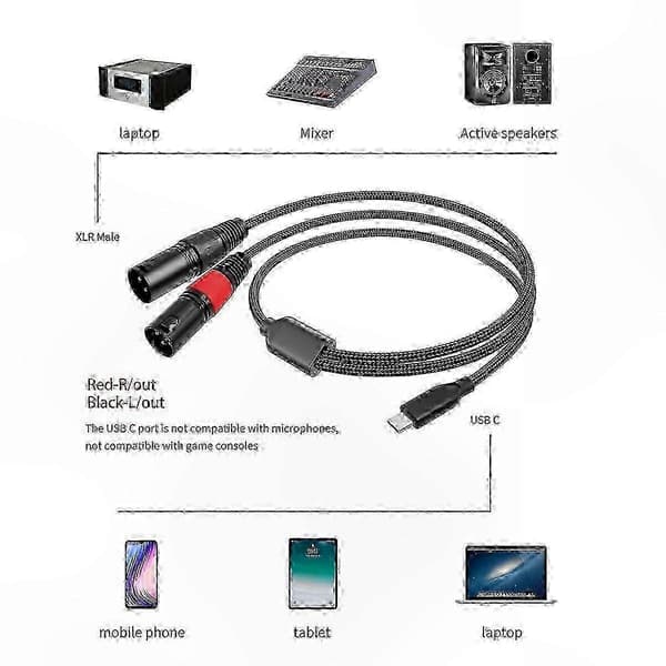 1M USB-C til Dobbelt XLR Stereo Lydkabel til Professionelle Forstærkere Forbedret Lydforbindelseskvalitet