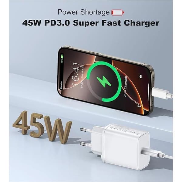 Snabbladdare USB-C - e.f.connection - 45W - Vit - Kompatibel med Samsung Galaxy A16 A17 A36 A56 S25[RM] Vit