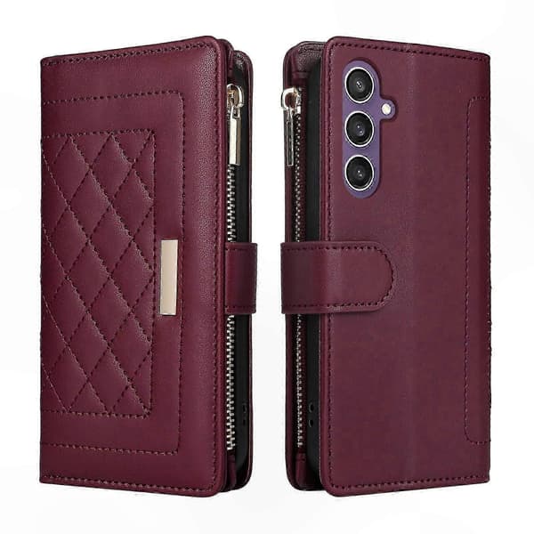 Læder Lynlås Pung Etui Designet til Galaxy S24 FE 5G Wine Red