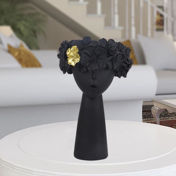 Nordisk Flicka Huvud Blomvas Staty Planteringskärl Höga Krukor Floral Ornament Svart