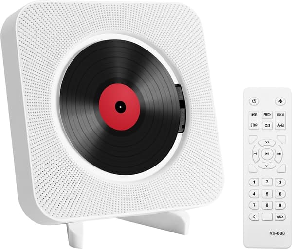 Multifunctional Wall Mounted Music CD Player Built-in HiFi Speakers Home Audio Speaker with Remote Control (White)
