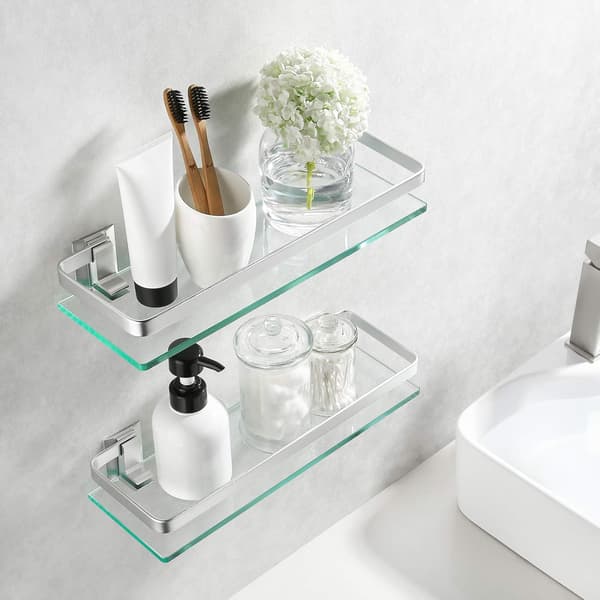 [RM]Glass Bathroom Shelf, Aluminum, Tempered Glass 8mm, Extra Thick, 1 Piece Rectangular, 1 Tier Storage Organizer, Wall Mounted, Silver