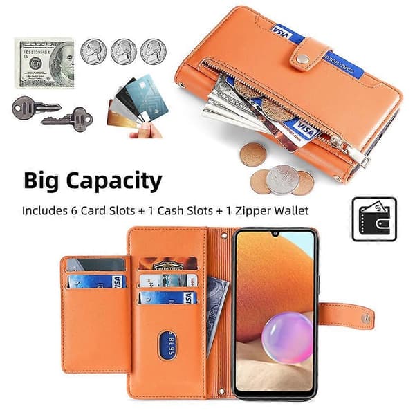Mobilfodral med blixtlåsficka och handledsrem i läder för Samsung Galaxy A32 4G (EU-version) Orange Orange