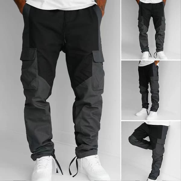 Mænd Sportsbukser Patchwork Elastisk Talje Løs Farvematchning Multi Lommer Blød Åndbar Afslappet Black M