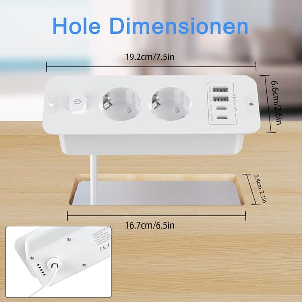 2-veis innfelt stikkontakt med 2 USB-porter og 2 meter kabel