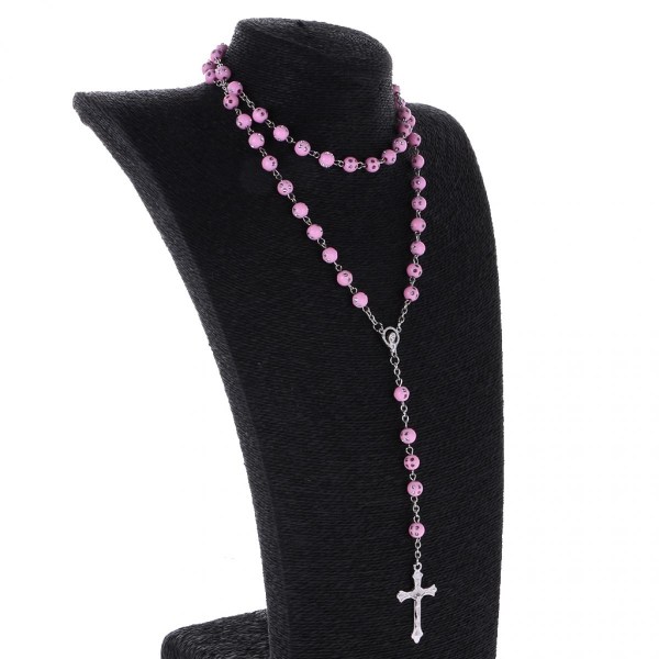 Kvinnor Hip 8mm Pärlor Rosenkrans Bön Hand Jesus Kors Hänge Halsband Rosa