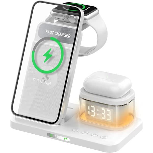 iPhone trådløs oplader 5 i 1 LED, Apple ladestation til rejser og hjemmebrug, multifunktionel ladestander White 5in 1