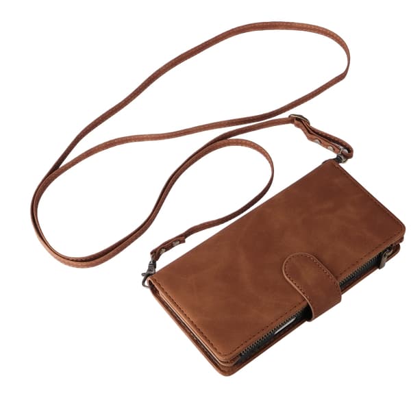 [RM]iPhone 16 Pro Max Case - Crossbody Case with Multiple Card Slots and Zipper Brun