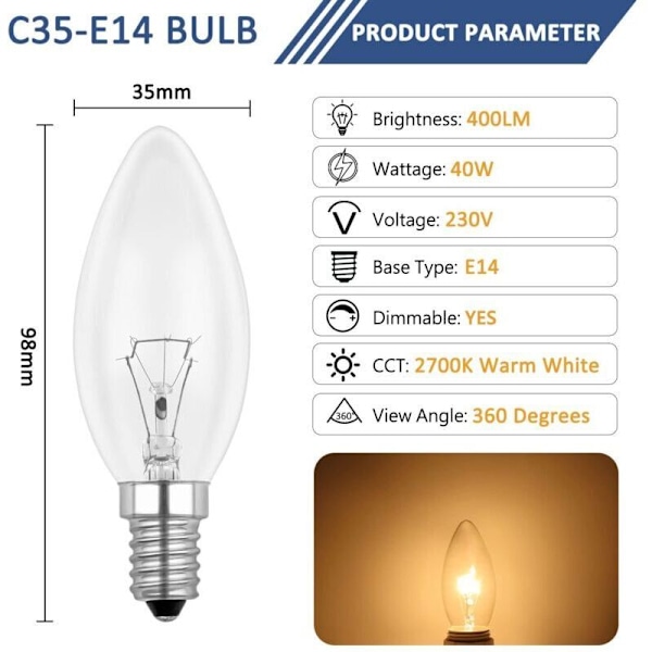 Clear E14 40W Incandescent Bulb Dimmable Light Source, Warm White 2700K, 400LM, Flame, E14 Edison Screw Light, 6-Pack [HK]