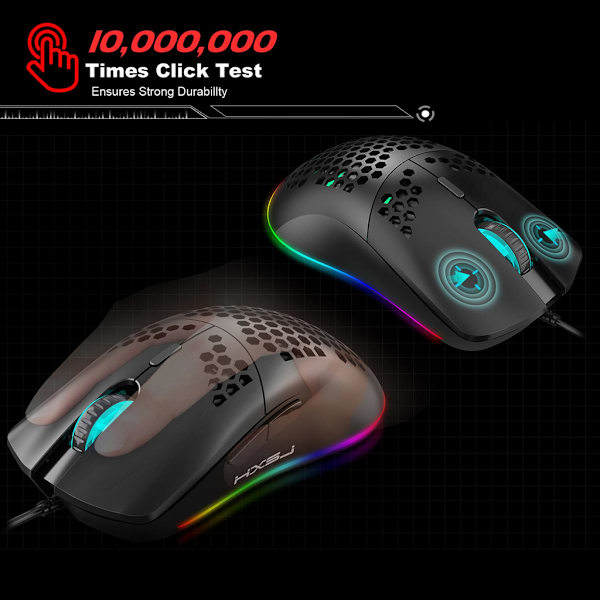 Trådbunden Gamingmus, 6 RGB-belysning 6400 DPI Programmerbar USB-gamingmus med 6 knappar, Honeycomb-skal för PC-spelare och Gamers