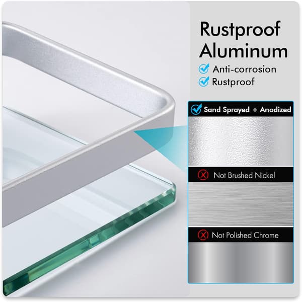 [RM]Glass Bathroom Shelf, Aluminum, Tempered Glass 8mm, Extra Thick, 1 Piece Rectangular, 1 Tier Storage Organizer, Wall Mounted, Silver