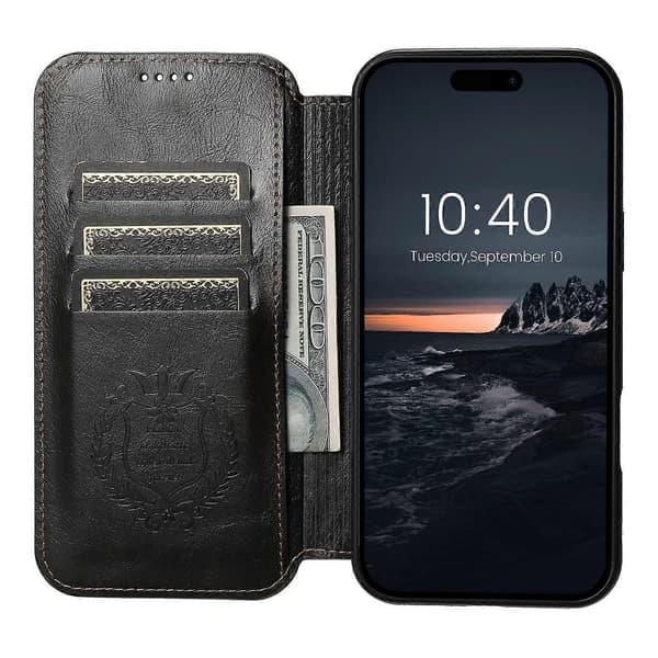 [RM]SUTENI J06 til iPhone 16 Pro Max etui kompatibelt med MagSafe tekstureret PU-læder flip-cover Multicolor Black
