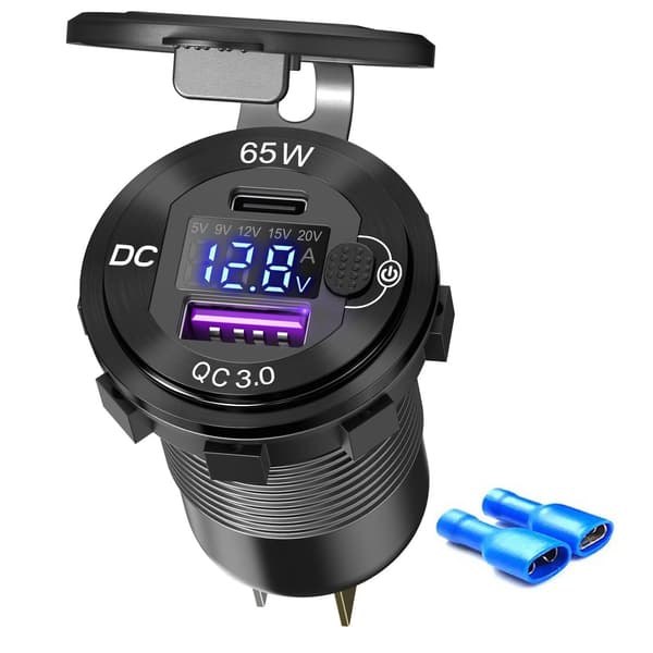 USB C billaderadapter, 65WPD & QC 3.0 strømudtag med voltmeter til 12V/24V bil, marine, motorcykel, autocamper Blue screen 1