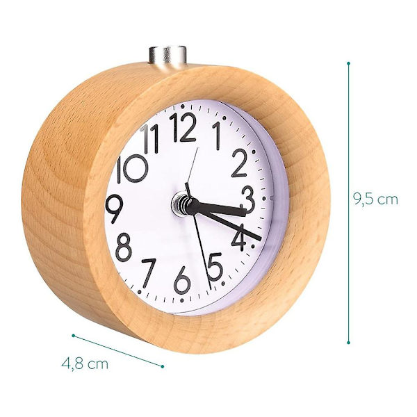 Analog Väckarklocka i Trä med Snooze, Retro Klocka Rund med Urtavla