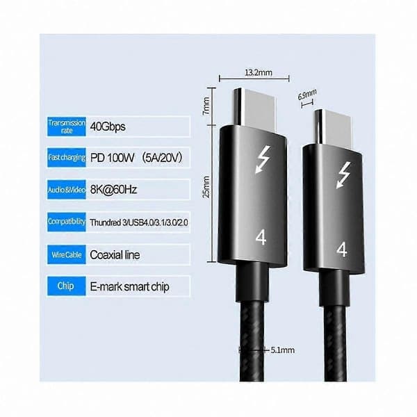 USB C-kabel 4K 60Hz certificeret 40 Gbps højhastigheds PD100W til Pro-enheder C422 Black