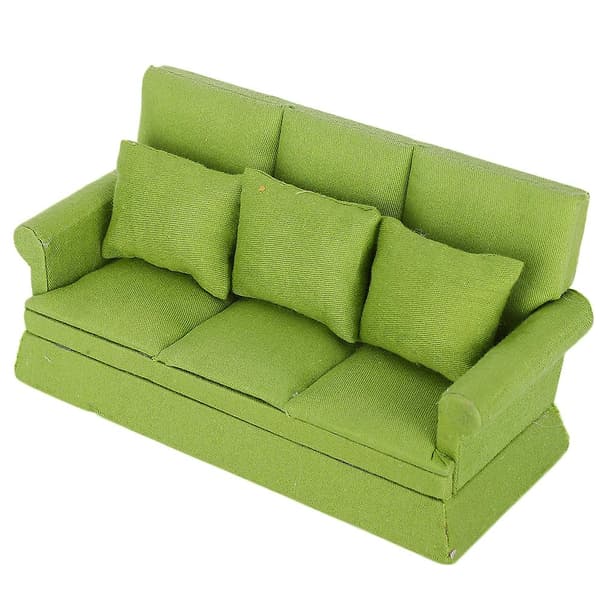 [RM]1:12 Dukkehus Mini Sofa med 3 stk Puter Stue Møbler Tre Dukkehus Dekorasjon Tilbehør Grønn