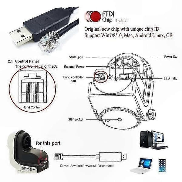 USB til RJ12-adapterkabel til teleskopmontering, seriel forbindelse til pc-styret astronomiudstyr Black