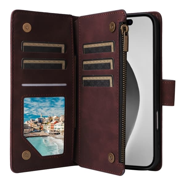 [RM]iPhone 16 Pro Max Case - Crossbody Case with Multiple Card Slots and Zipper Kaffe