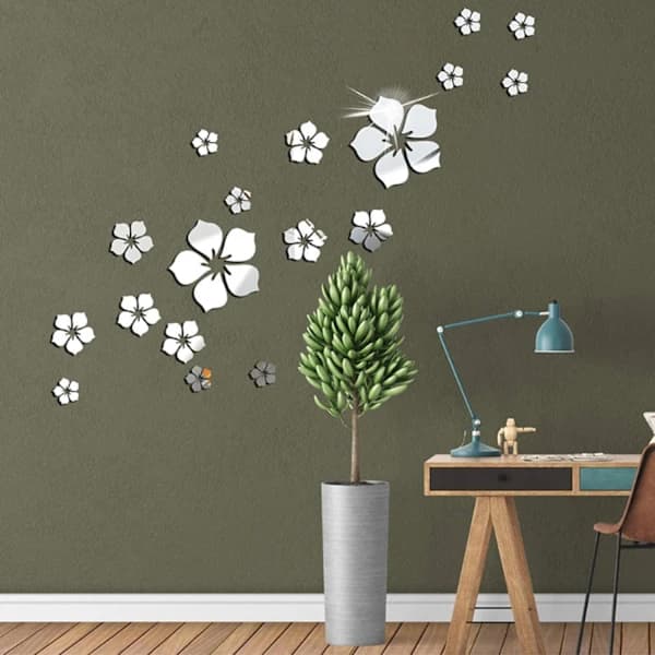 18 st Akryl Spegel Väggdekal för Hem Vardagsrum Sovrum Dekor 3D Blomma DIY Väggdekoration Silver, A[RM]