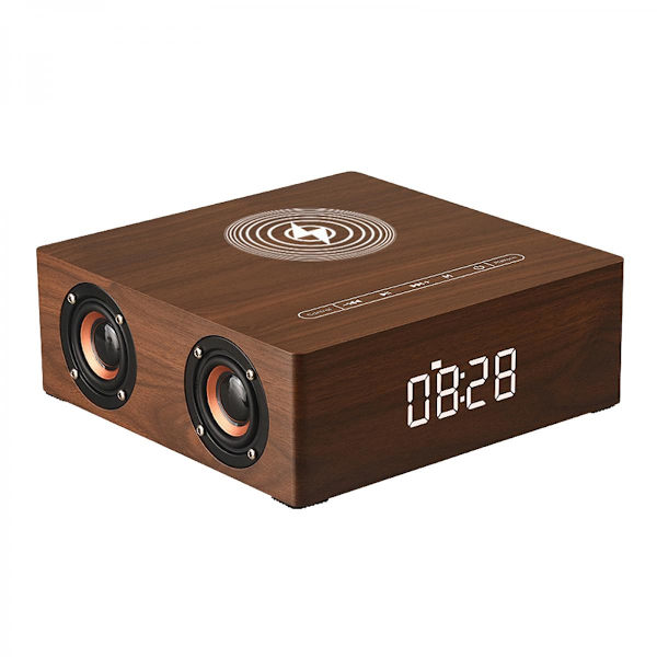 Multifunktionell Bluetooth-högtalare Retro Väckarklocka Trådlös Laddare Brun