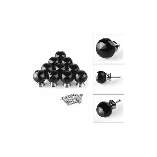 Sæt med 10 dørknopper, 30 mm diameter, sort krystal, runde glasskabsknopper, dekorative knopper