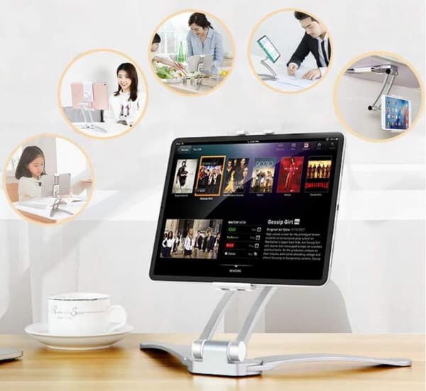 Tablet Holder - With Wall and Ceiling Adapter - Compatible with iPad, MediaPad, Kindle, Smartphone, Galaxy Tab, Switch - Grey