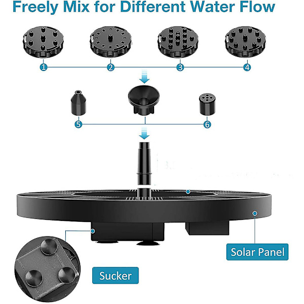 Solcellsdriven fontänpump, med 6 munstycken, för fågelbad, dammar, trädgård