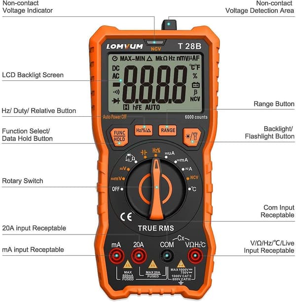 Digital multimeter, TRMS 6000 counts automatisk mätområdesinställning voltmeter; Testare för mätning av spänning, ström, resistans, kontinuitet, frekvens