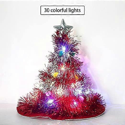 Juleglimmerhat med LED-lys Juletræsformede farverige pomponer Ferietema Hat